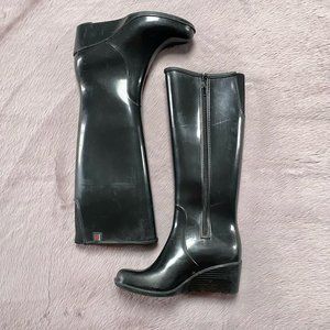 Black Jeanne Beker wedge heeled high rain boots